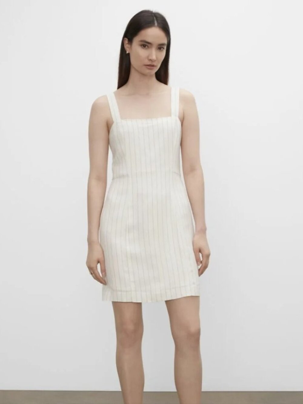 Club Monaco Striped Square Neck Linen Blend Mini Dress White 8 NWT